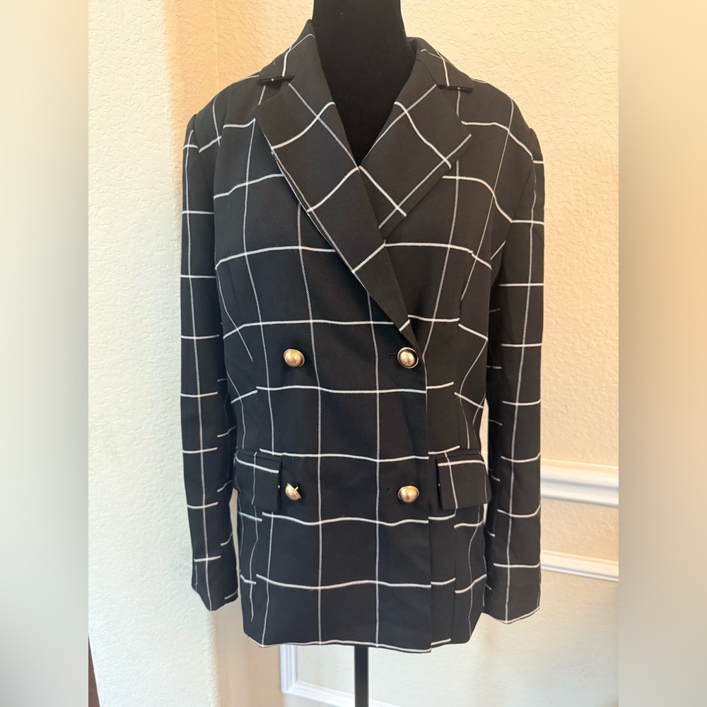 New York & Company Black and White Blazer with Windowpane Pattern